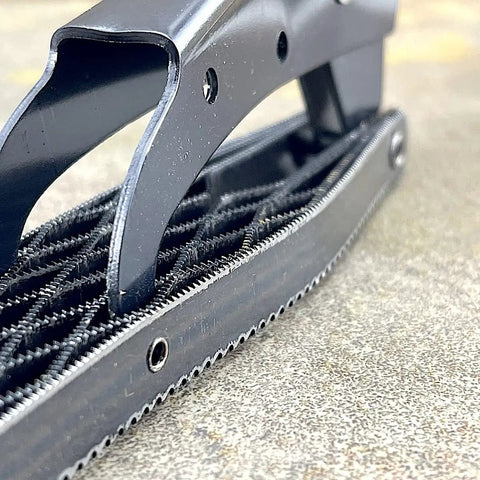 Close-up of Japanese Rasp And Sanding Block Quick Swap Blades Non Clogging Teeth showing ergonomic grip and teeth.