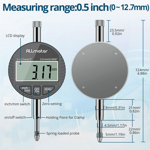 Front view of ALLmeter dial indicator bore gauge with LCD display, 0–12.7 mm range, 15 anvils, 6" depth.