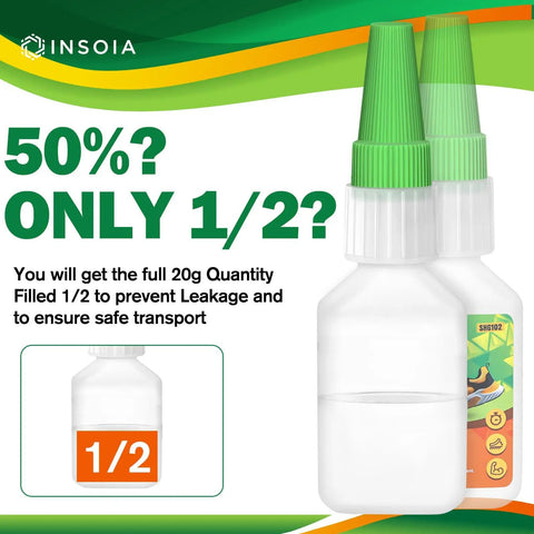 Two clear bottles with green caps labeled for 50% fill, displaying Crystal Clear Shoe Glue For Quick Fix And Strong Bond No Fuss Waterproof.