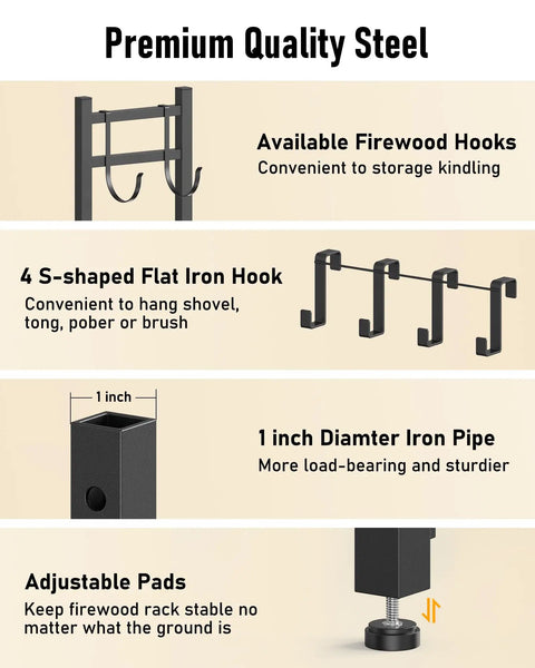 Heavy Duty 34 Inch Firewood Rack For Indoor And Outdoor Use With Log Carrier And Kindling Hooks, steel components