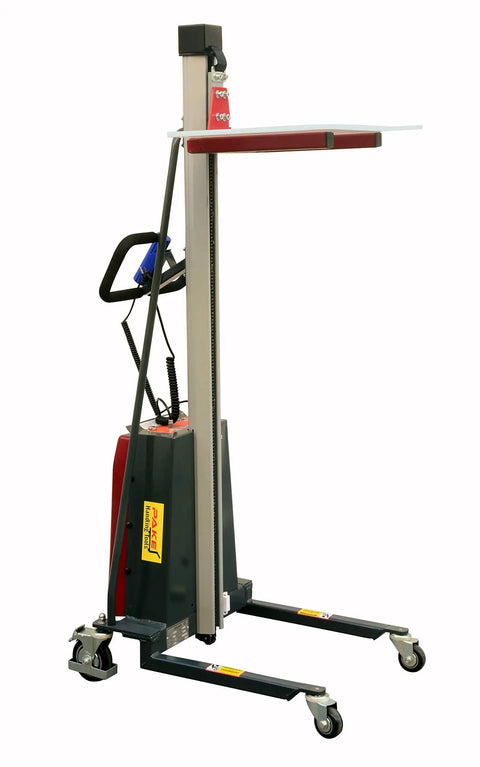 Heavy Duty Electric Work Positioner Truck With 330 Lbs Capacity And 59 Inch Lift Height, steel frame with polyurethane wheels.