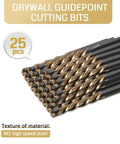 25 Piece Drywall Cutting Bit Set With Spiral Flute Design For Clean Rotary Work Includes High Speed Steel Guide Point Routers arranged neatly.