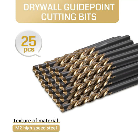 25 Piece Drywall Cutting Bit Set With Spiral Flute Design For Clean Rotary Work Includes High Speed Steel Guide Point Routers arranged neatly.