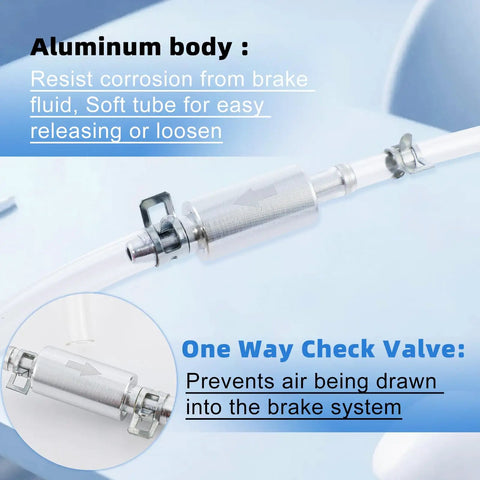 Four Pack Brake Bleeder Hose Kit With One Way Check Valves, metal clips, and soft tubes for hydraulic bleeding on blue background