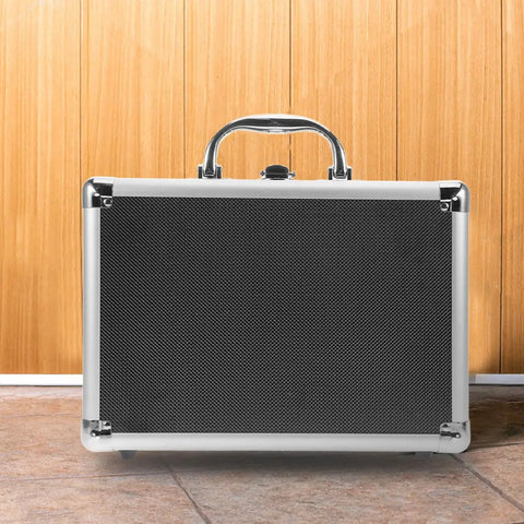Rugged Aluminum Tool Case With Sturdy Handle, Large Capacity All-In-One Storage Box for tools against wood panel backdrop