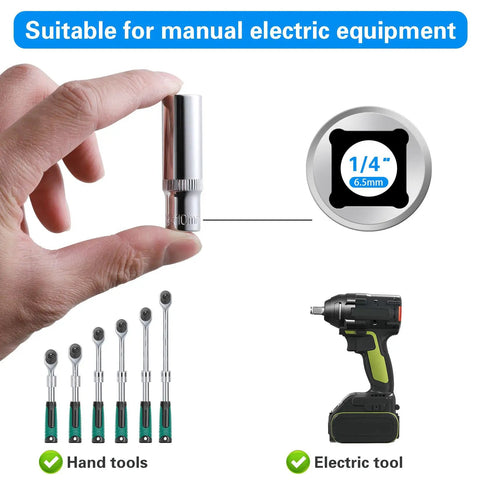 9-Piece 10mm 6-Point Deep Sockets Set For 1/4 Inch Drive shown in hand, suitable for manual and electric tools