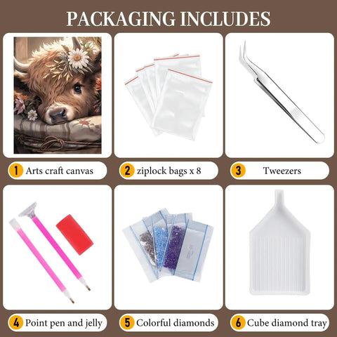 Highland Cow Themed 5D Diamond Painting Kit For Adults, Easy And Fun Round Gem Art, tools, wax, pens, canvas, and accessories