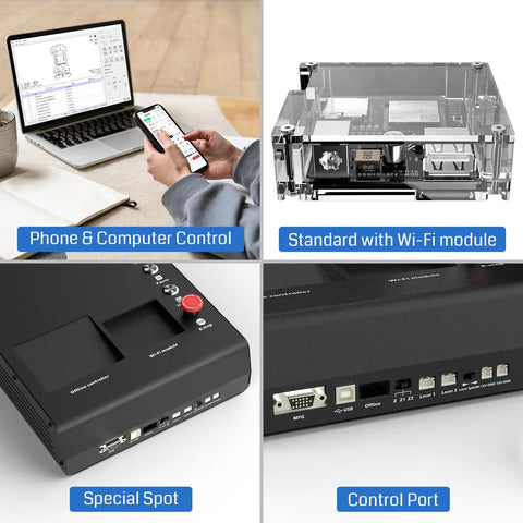 PROVerXL 4x4 CNC Router Machine control features including phone, computer control, Wi-Fi module, special spot, and control port.