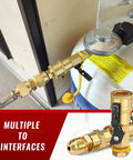 Propane Quick Connect Fittings 7 Piece Kit for Low Pressure Gas Appliances Like RV Heaters Grills Fire Pits Brass Full Flow With Shutoff Valve NPT Flare Adapters and Quick Connect Plugs installed on propane tank