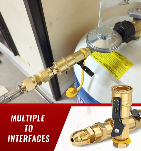 Propane Quick Connect Fittings 7 Piece Kit for Low Pressure Gas Appliances Like RV Heaters Grills Fire Pits Brass Full Flow With Shutoff Valve NPT Flare Adapters and Quick Connect Plugs installed on propane tank