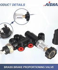 Universal Adjustable Knob Proportioning Valve Kit For Brake Lines With Master Cylinder Adapter and Oem Replacement Parts 26011179 and 26013190 showing brass construction and adjustable knob.