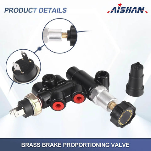 Universal Adjustable Knob Proportioning Valve Kit For Brake Lines With Master Cylinder Adapter and Oem Replacement Parts 26011179 and 26013190 showing brass construction and adjustable knob.
