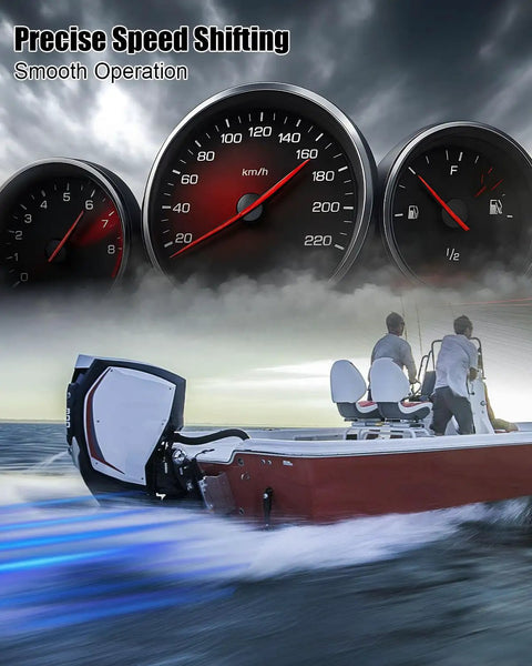 Boat on water with dashboard dials; 14Ft Throttle Shift Remote Control Cable For Outboard Engines, Fits Johnson Evinrude BRP OMC 1979 And Later