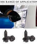 4 Piece Car License Plate Screw Kit self mounting on white car rear plate with rustproof stainless steel bolts.