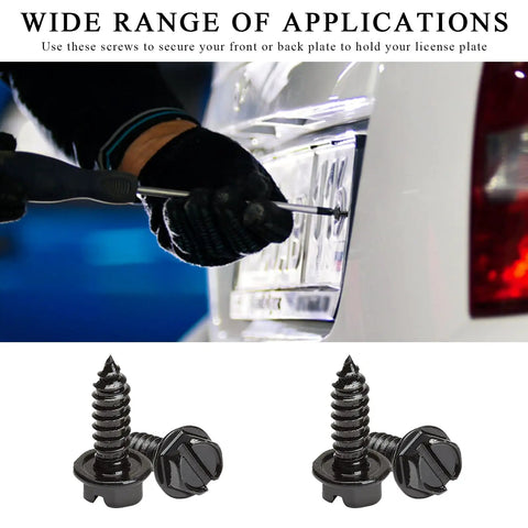 4 Piece Car License Plate Screw Kit self mounting on white car rear plate with rustproof stainless steel bolts.