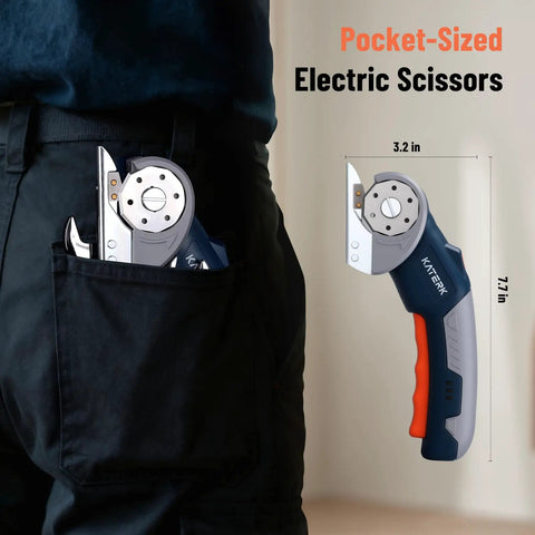 Katerk Cordless Electric Box Cutter With Safety Lock And Led Light, pocket-sized electric scissors in a person's pocket.