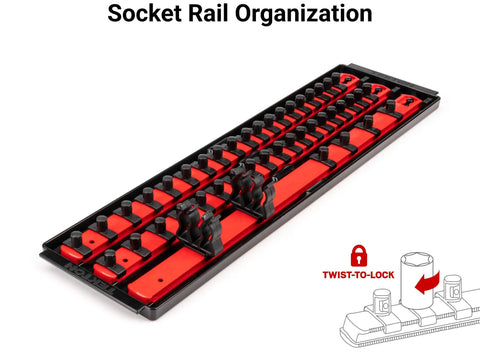 3/8 Inch Drive 6-Point Socket Set With Rails And Tray, organizer displaying socket rail organization for DIY fixes