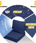 Outdoor Chair Cushions Set Fade Resistant Waterproof Patio Replacement Cushions 24x24x5 Seat Cushions And 24x19 Back Cushions Navy Blue One Hundred Percent Polyester With Breathable Covers UV Resistant Easy Care, showing water droplets on fabric.