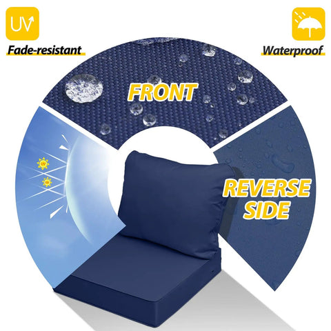 Outdoor Chair Cushions Set Fade Resistant Waterproof Patio Replacement Cushions 24x24x5 Seat Cushions And 24x19 Back Cushions Navy Blue One Hundred Percent Polyester With Breathable Covers UV Resistant Easy Care, showing water droplets on fabric.
