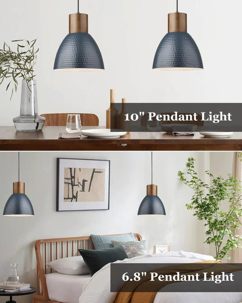 Hammered Pendant Light For Kitchen Island With 10.2 Inch Wide Solid Wood Bar Lamp Dope Industrial Pendant Lighting For Dining Room Bedroom Bar Office Modern Blue FSC Certified Wood