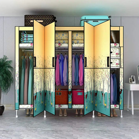 Built Tough Portable Wardrobe With Magnetic Snap Doors And Reinforced Steel Frame Hella Spacious Closet Organizer displaying vibrant clothes and fabric drawers.
