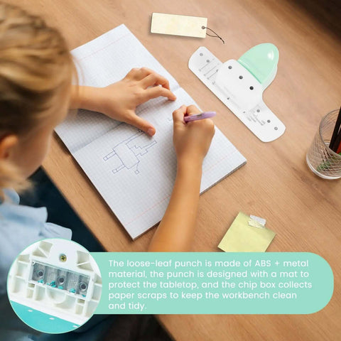 Child using 3 Hole Paper Puncher With Ergonomic Handle Grab And Go Portable Desktop Binder Punch For A8 A7 A6 A5 Notebooks on desk