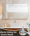 Heavy Duty Mirror Screw Caps With Stainless Steel Decorative Hardware Slick Silver Covers and Copper Silicone Washers Top Shelf Furniture And Glass Sign Fittings Built Like A Tank in bathroom setting.