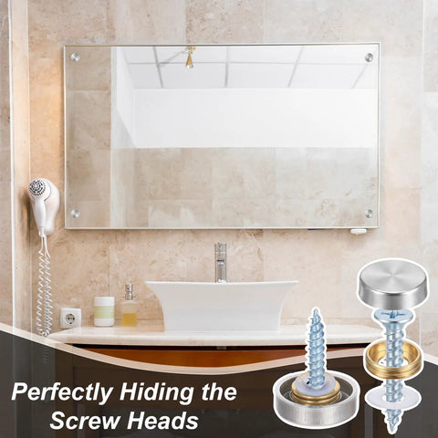 Heavy Duty Mirror Screw Caps With Stainless Steel Decorative Hardware Slick Silver Covers and Copper Silicone Washers Top Shelf Furniture And Glass Sign Fittings Built Like A Tank in bathroom setting.