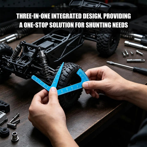 Heavy Duty Aluminum Alloy RC Camber Gauge Straight Edge Ruler Tool measuring camber on buggy truck wheels.