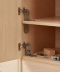 Beefy Heavy Duty Stainless Steel L Brackets 90 Degree Corner Brace Set installed in a wooden cabinet interior