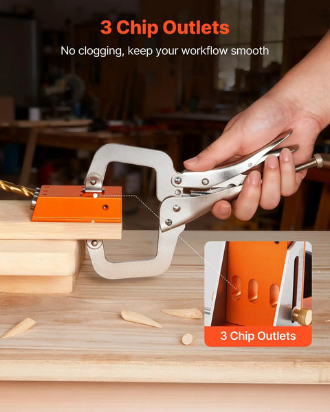 Person using Pocket Hole Jig Kit Adjustable From Half Inch To One And A Half Inch With Case Pro Grade C Clamp for woodworking