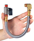 Hand holding Extended Tank Drain Valve Assembly Kit For Air Compressors With Ten Inch Braided Steel Hose One Quarter Inch NPT