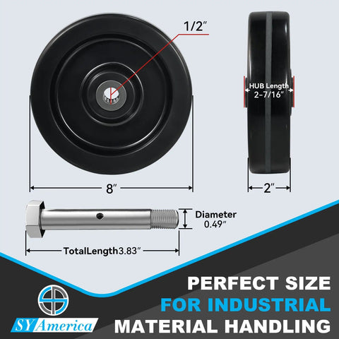 Heavy Duty Industrial Casters With Phenolic Wheels For Tough Jobs High Temperature Range Minus Fifty To Two Hundred Fifty Degrees Fahrenheit Half Inch Roller Bearings Non Marking 8 Inch By 2 Inch Caster Set 5600 Lbs Load Capacity Pack Of Fifty, showing 8x2 inch wheel dimensions and bolt size.