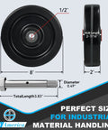 Hardcore Eight Inch By Two Inch Heavy Duty Casters Featuring High Temp Phenolic Wheels And Precision Rollers dimensions and details.