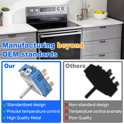 Dual Infinite Switch Replacement for Electric Stoves with Precise Heat Control, shown in a kitchen setting, easy to install.