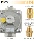 Front view of Aupoko 1/2" gas pressure regulator with two brass 1/2" NPT adapters; gray body and yellow knob