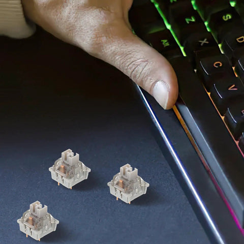 10 Piece Set Of Heavy Duty Linear Actuators For Mechanical Keyboard Replacement Featuring Abs And Pom Components, with hand pressing keyboard.