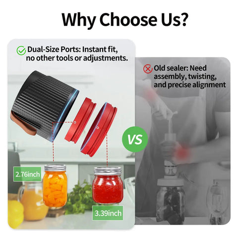 Auriswell Electric Mason Jar Vacuum Sealer Kit comparison image showing dual-size ports for easy use on jars.
