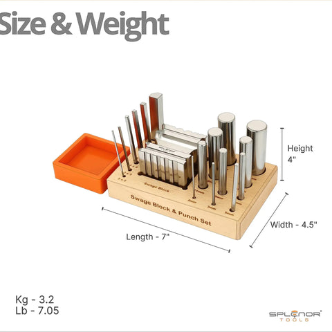 Steel 2.5 Inch Swage Block With 16 Punch Set for Jewelry Making on Wooden Stand with Size Guide