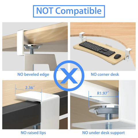 NOT Compatible image highlighting incompatible desk features for Slick Under Desk Keyboard Tray With Heavy Duty C Clamp Mount.