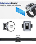 Wristband Wearable Barcode Scanner For Hands Free Scanning Fast 1D 2D Code Capture Pro Grade Portable Bluetooth USB QR Reader For Warehouse Use Compatible With iPhone iPad And Android, showing design and dimensions.