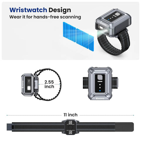 Wristband Wearable Barcode Scanner For Hands Free Scanning Fast 1D 2D Code Capture Pro Grade Portable Bluetooth USB QR Reader For Warehouse Use Compatible With iPhone iPad And Android, showing design and dimensions.