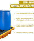 Heavy Duty Chemical Spill Containment Tray With Modular HDPE Pallet Rack supporting blue barrels with detachable grating.