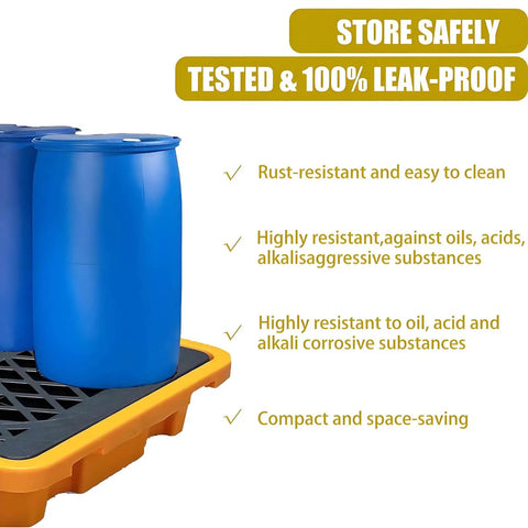 Heavy Duty Chemical Spill Containment Tray With Modular HDPE Pallet Rack supporting blue barrels with detachable grating.
