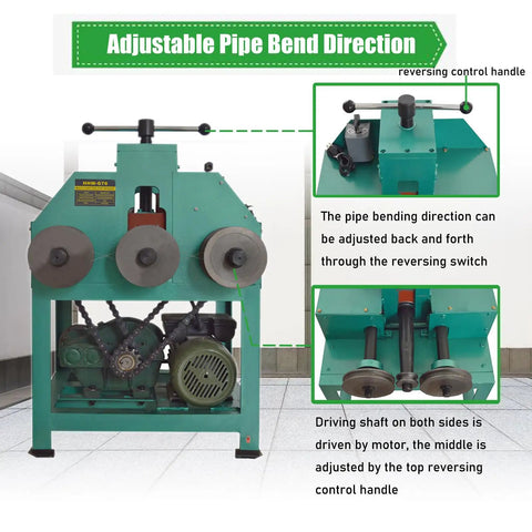 Yokoma 1500W Electric Pipe Bender Machine With 9 Round Dies And 8 Square Die Sets Bends Steel Tubing Roller showing adjustable bend direction and motor.