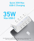 Eight Outlet Power Strip With Dual USB C Fast Charging Surge Protector Desk Organizer For Home Office Gaming Setup That Slays Cable Clutter And Powers Your Gear In A Snap, showing 35W USB-C charging ports on a desktop.