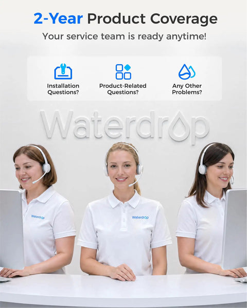Three customer service representatives at Waterdrop ready to assist with installation and product-related questions.