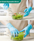 Blue Disposable Nitrile Gloves For Kitchen Cooking And BBQ, 100 Percent Food Safe, Powder Free, used for preparing salad in a bowl