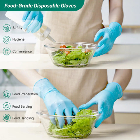 Blue Disposable Nitrile Gloves For Kitchen Cooking And BBQ, 100 Percent Food Safe, Powder Free, used for preparing salad in a bowl
