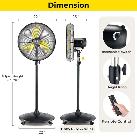 Whisper Quiet Industrial Outdoor Pedestal Oscillating Fan With Remote Control 20 Inch 4000 CFM Brushless DC Motor with dimensions